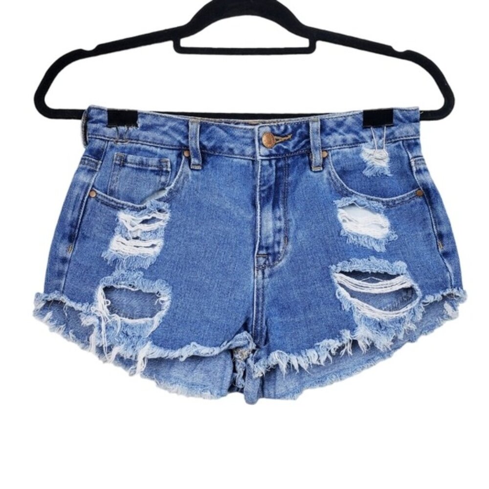 PacSun Womens Blue High Rise Festival Distressed Denim Jean Short Size 25